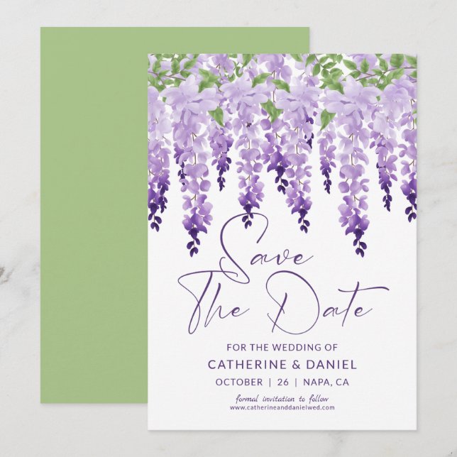 Save the Date Watercolor Wisteria Lilac Wedding (Vorne/Hinten)