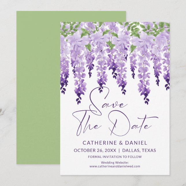 Save the Date Watercolor Wisteria Lilac Wedding (Vorne/Hinten)