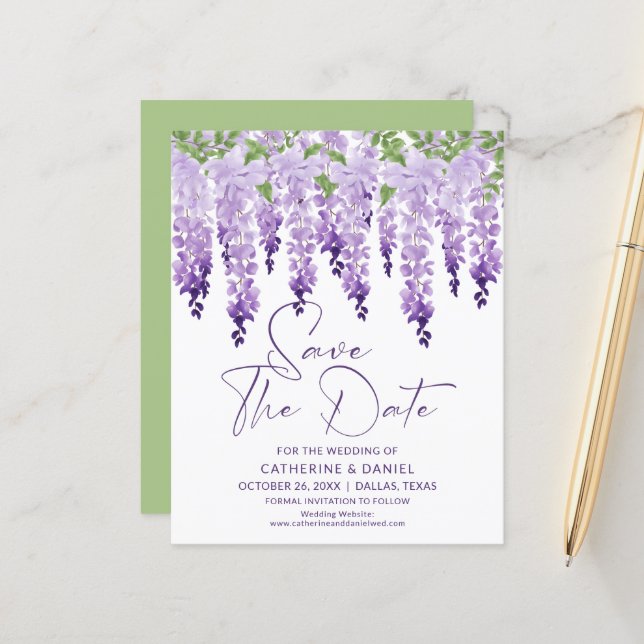 Save the Date Watercolor Wisteria Wedding (Vorderseite/Rückseite Beispiel)
