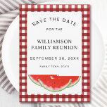 Save the Date Watermelon Wiedersehen<br><div class="desc">Planen Sie eine Wiedersehen? Lass Deiner Familie das Datum mit dieser einzigartigen Save the Date Karte kennen. Er ist mit Wassermelonen in Aquarellons und einem Karo in Rot und Weiß mit Büffel dekoriert. Einfach anpassbar. Original Wasserfarbe © Michele Davies.</div>