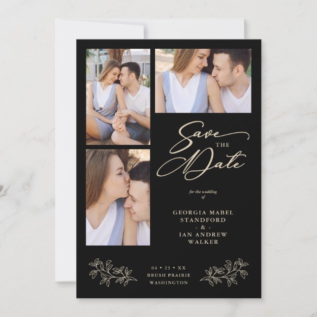 Save The Date Wedding Black 3 Photos Collage Fancy Branches (Devant)