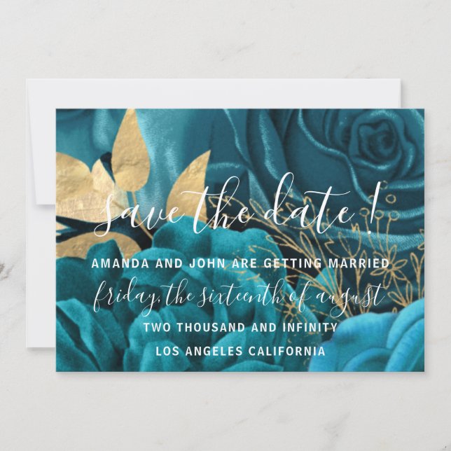 Save the Date Wedding Bride Floral Gold Blue Aquam (Vorderseite)