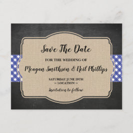 Save the Date Wedding Card Blue Gingham Burlap GRI