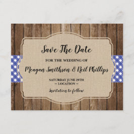 Save the Date Wedding Card Blue Gingham Burlap GRI