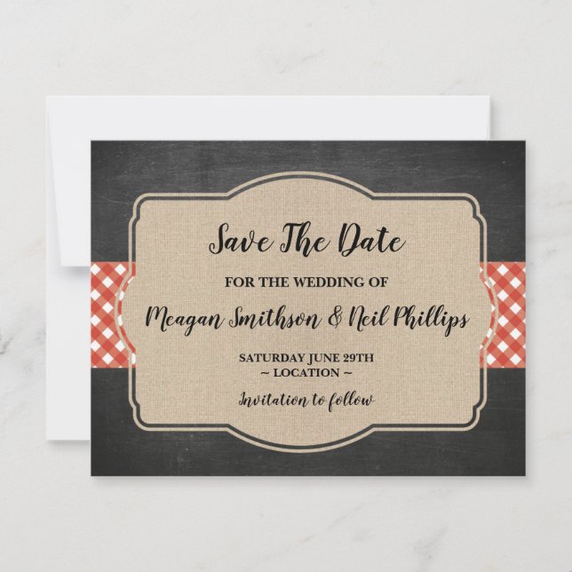Save the Date Wedding Card Red Gingham Burlap GRIL (Vorderseite)