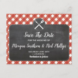 Save the Date Wedding Card Red Gingham Chalk GRILL