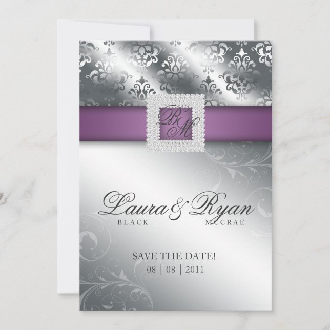 Save the Date Wedding Damask Jewel Lila Silver (Vorderseite)