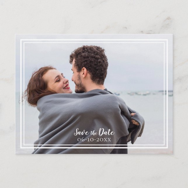 Save the Date Wedding Foto Dusty Blue Modern Ankündigungspostkarte (Vorderseite)