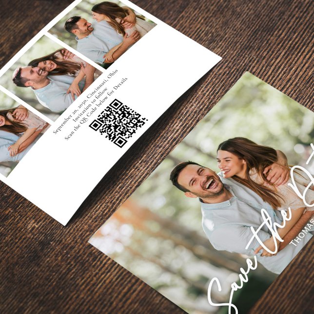 Save the Date Wedding Foto Kalligrafie-Script Einladung (Wedding save-the-date photo card with a four-photo collage template. )