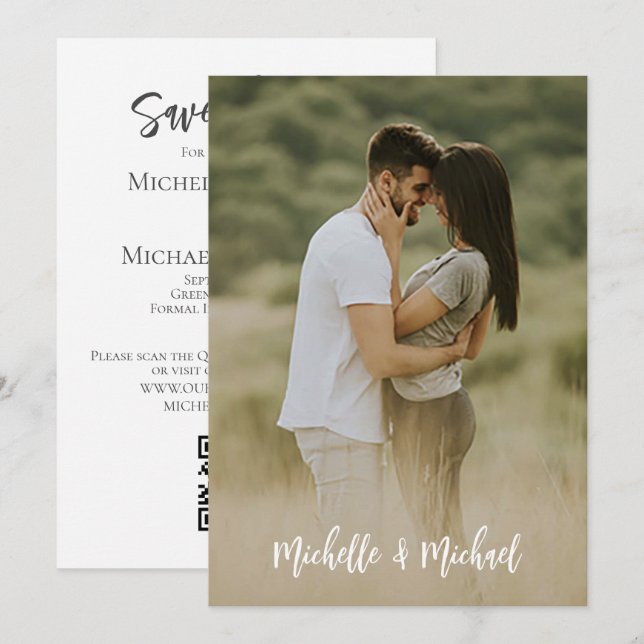 Save the Date Wedding Foto Simple Elegant QR Code (Vorne/Hinten)