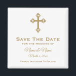 Save the Date Wedding Magnet : Religiöses Kreuz<br><div class="desc">Christlich Kreuz personalisiert Save the Date Hochzeitsmagnet in weiß mit Goldschrift. Text ist vollständig anpassbar. Die Hintergrundfarbe kann geändert werden. Designed by Heard_.</div>