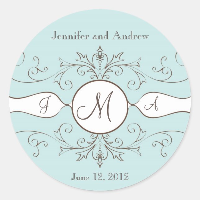 Save the Date Wedding Monogram Stickers Brown Blue (Vorderseite)