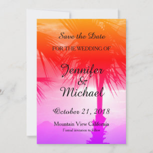 Save the Date Wedding Palm Tree Sunset Beach