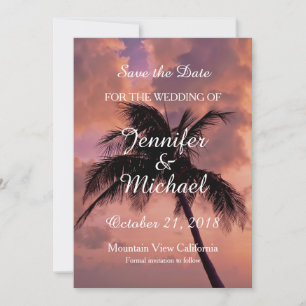 Save the Date Wedding Palm Tree Sunset Beach