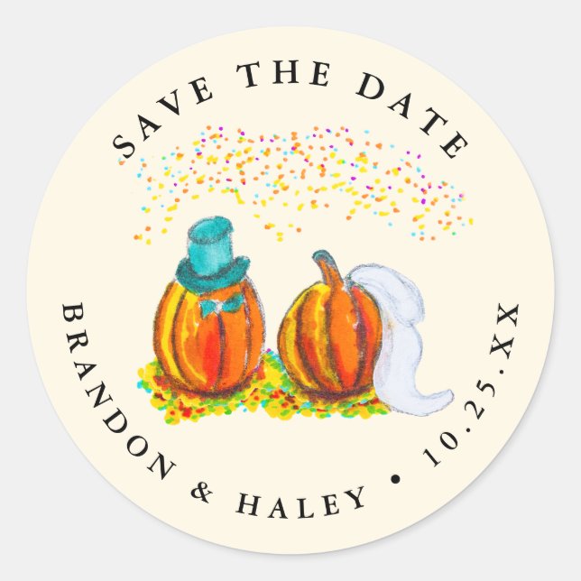 Save the Date Wedding Pumpkins Runder Aufkleber (Vorderseite)