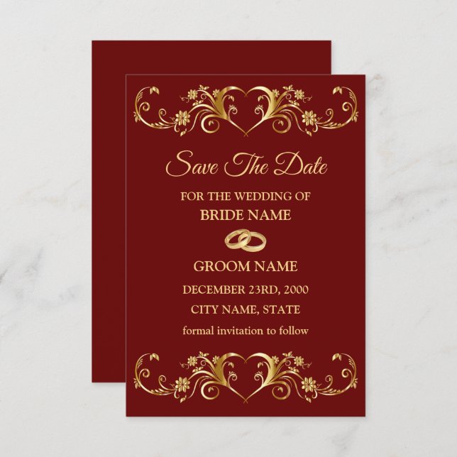 Save The Date Wedding Red Golden Geometric Pattern Elegant (Devant / Derrière)