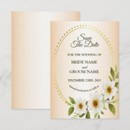Save The Date Wedding Rustic Golden Frame White Floral Peach