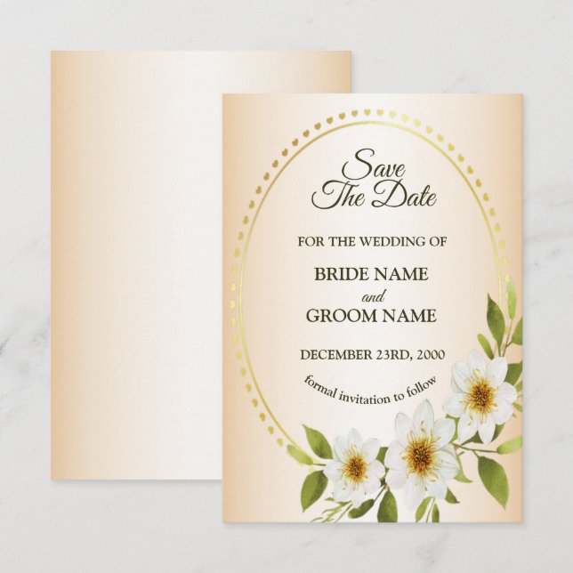 Save The Date Wedding Rustic Golden Frame White Floral Peach (Devant / Derrière)