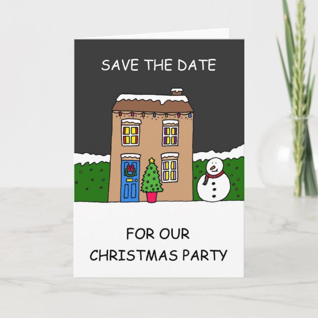 Save the Date Weihnachts Party Cartoon House Karte (Vorderseite)