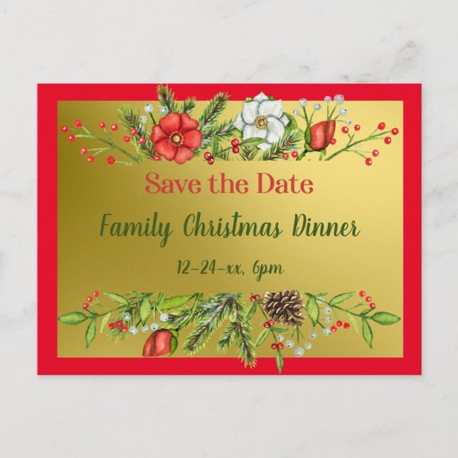 Save the Date Weihnachtsessen für Familien einlade Postkarte (Vorderseite)