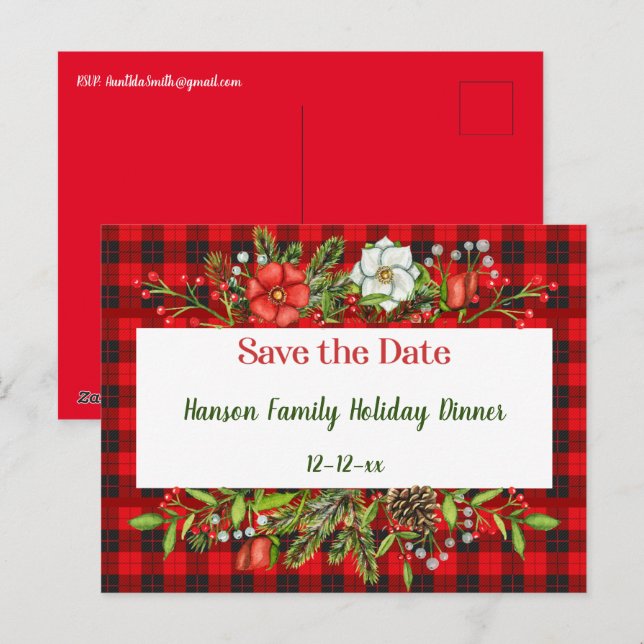 Save the Date Weihnachtsmahlzeit Flannel Einladung Postkarte (Vorne/Hinten)