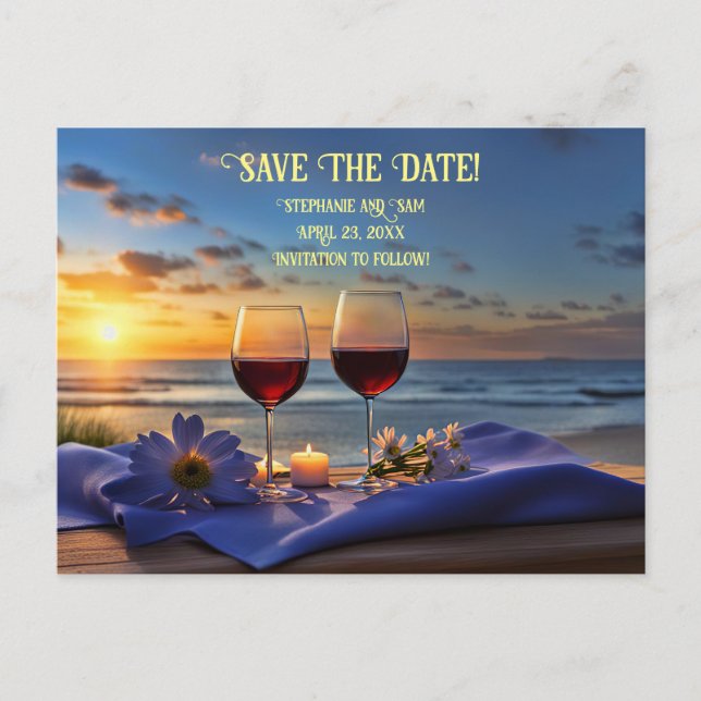 Save the Date Wein und Strand Romantik Ankündigungspostkarte (Vorderseite)