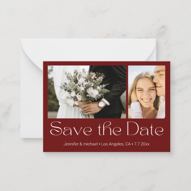 Save the Date weiß 2 Fotos Collage Hochzeit Mitteilungskarte (Vorderseite)