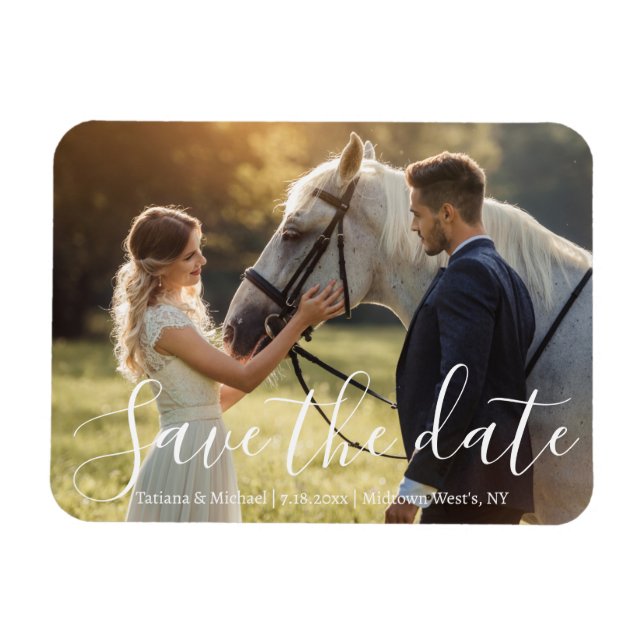 Save the Date weiße handgeschriebene Hochzeitsfeie Magnet (Horizontal)