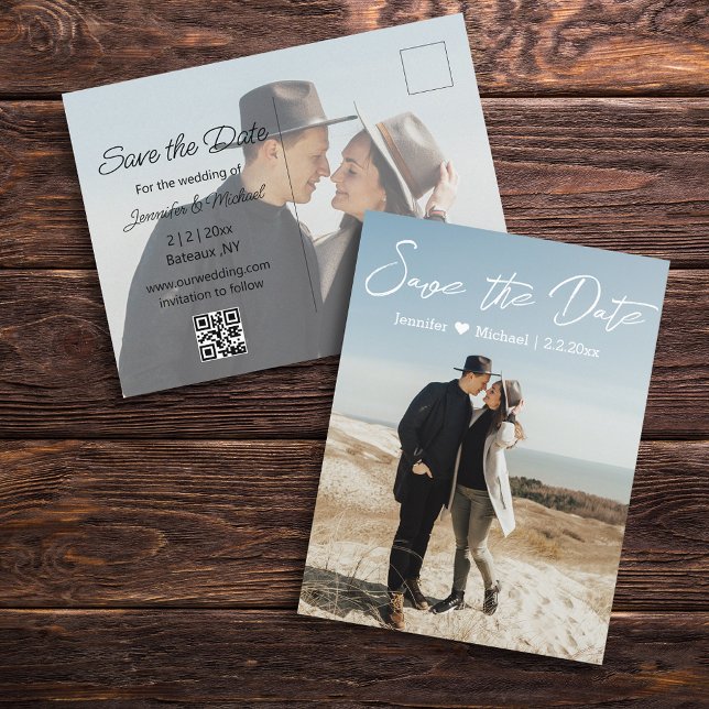 Save the Date weiße Handschrift zwei Fotos Ankündigungspostkarte (Von Creator hochgeladen)