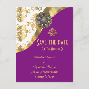 Save the Date weißer, lila und goldener Damast Ankündigungspostkarte