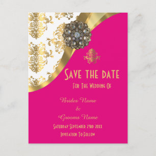 Save the Date weißer, rosa und goldfarbener Damast Ankündigungspostkarte