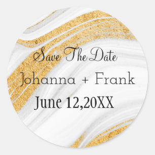 Save the Date Weißer und Goldmarmor Runder Aufkleber