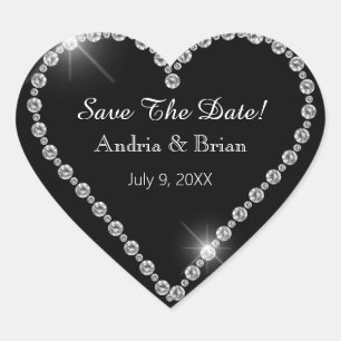 Save the Date, weißes Diamantenherz, Namen, schwar Herz-Aufkleber