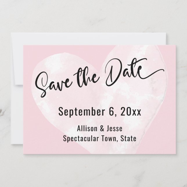 Save the Date Weißes Wasserfarbenherz auf rosa Kar (Vorderseite)