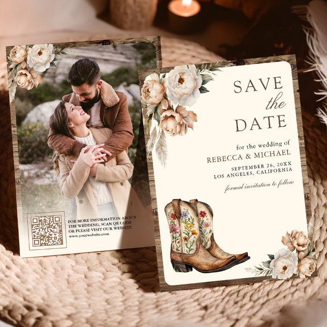 Save The Date Western Cowboy Boots Photo QR Code Mariage (Créateur téléchargé)