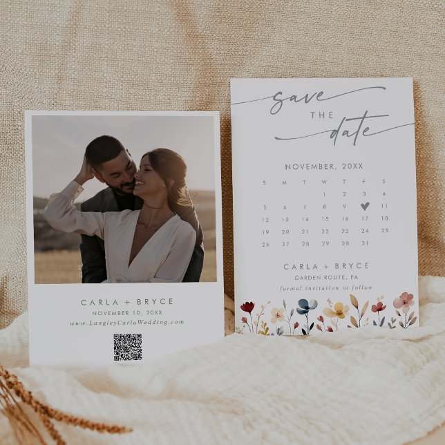 Save The Date Whimsical Boho Wildflower QR Code Photo Calendar  (Créateur téléchargé)