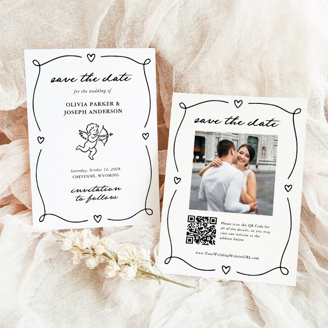Save The Date Whimsical Cupid | Romantic Photo and QR Code (Créateur téléchargé)