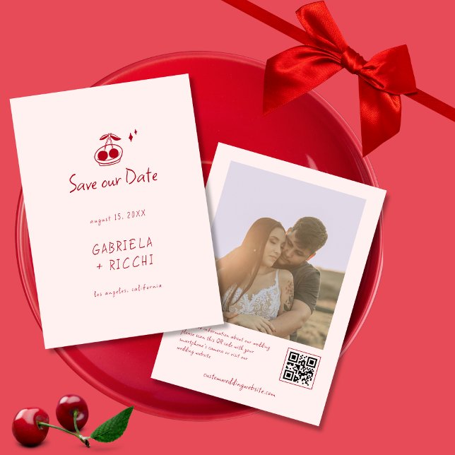 Save The Date Whimsical rose & rouge main tiré Cerisier QR Code (Créateur téléchargé)