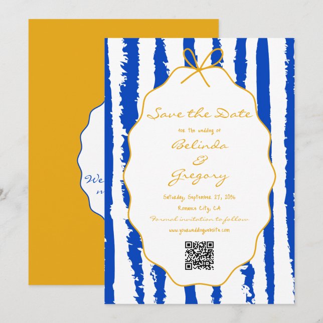 Save The Date Whimsical Stripes Handwritten Painted Wedding  (Devant / Derrière)