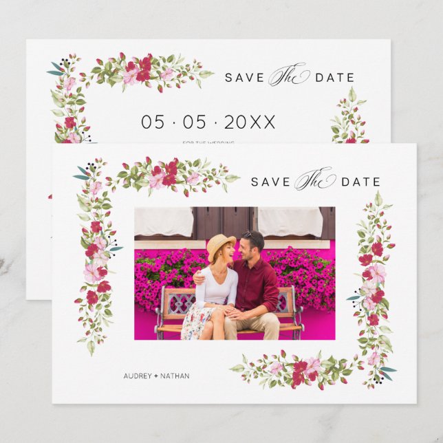 Save The Date Whimsical Typography Red & Pink Shades Flowers (Devant / Derrière)