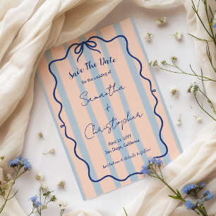 Save The Date Whimsical Wavame Blue Bow Retro Stripe Mariage