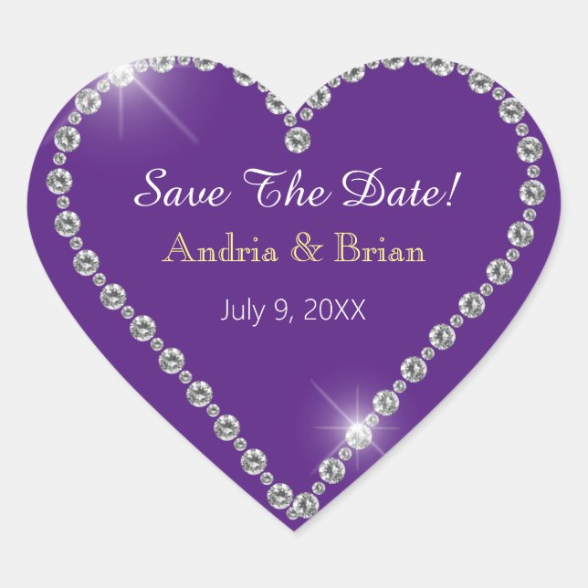 Save the Date, White Diamond Heart, Namen Lila Herz-Aufkleber (Vorderseite)