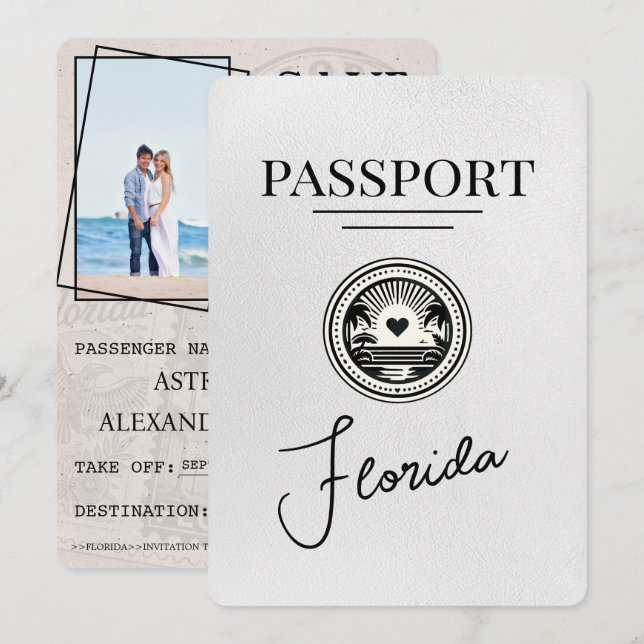 Save The Date White Florida Passport Enregistrer La Date (Devant / Derrière)