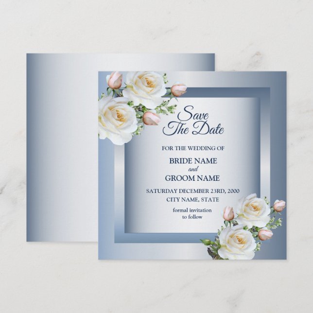 Save The Date White Flowers Elegant Blue Gray (Devant / Derrière)