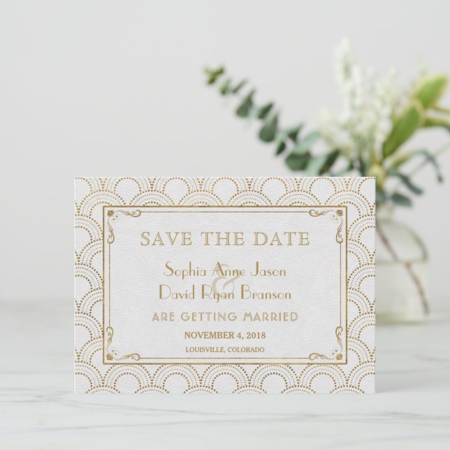 Save The Date White Great Gatsby Art Déco Gold Enregistrer La Da (Debout devant)