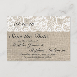Save The Date White Lace & Burlap Wedding Enregistrer la date