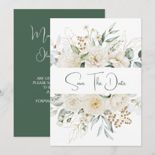 Save The Date White Peonies Roses Eucalyptus Enregistrer la date