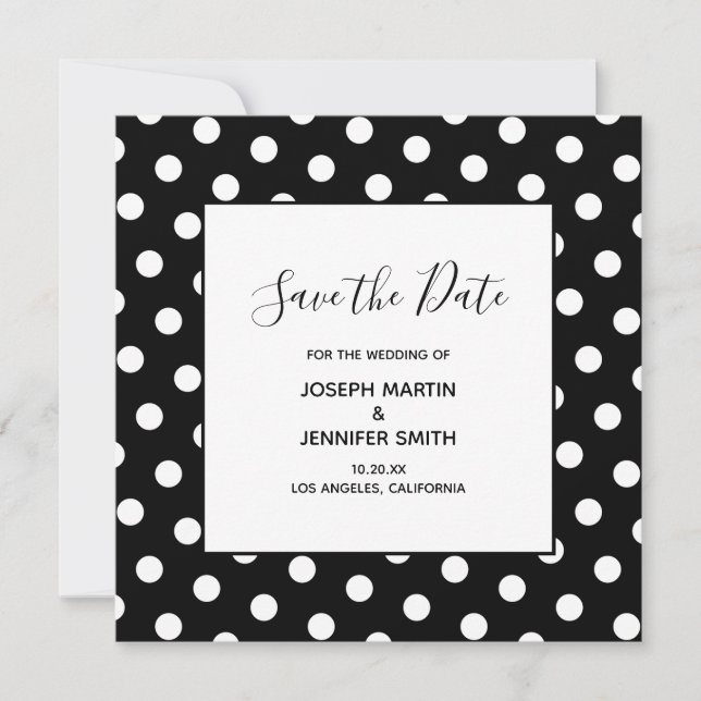Save The Date White Polka Dot Élégante calligraphie Enregistrer  (Devant)