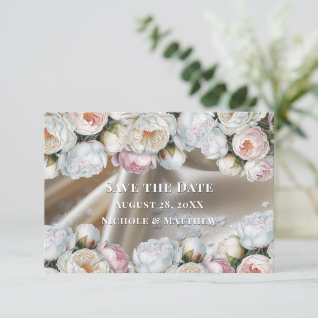 Save The Date White Satin Roses and Peony Wedding (Debout devant)