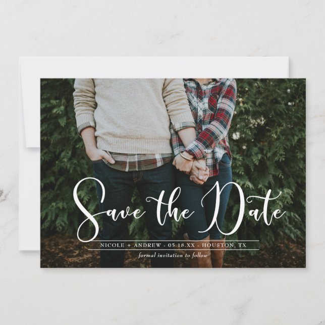 Save The Date White Script Navy Chevron Photo Enregistrer la car (Devant)